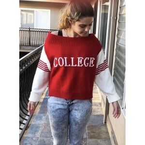 Judith March Red White College Letterman Sweater Knit Top‎ Small